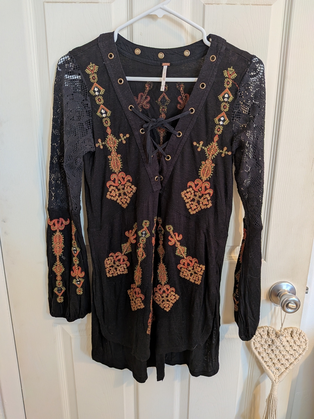 Free People Black Tunic with Rust & Gold Embroidery Sz Small
